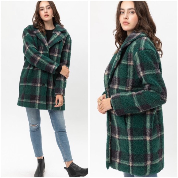 Oversized plaid button Sherpa down coat - Picture 4 of 9